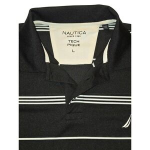 Nautica Polo Shirt Mens L Black White Striped Tech Pique Short Sleeve